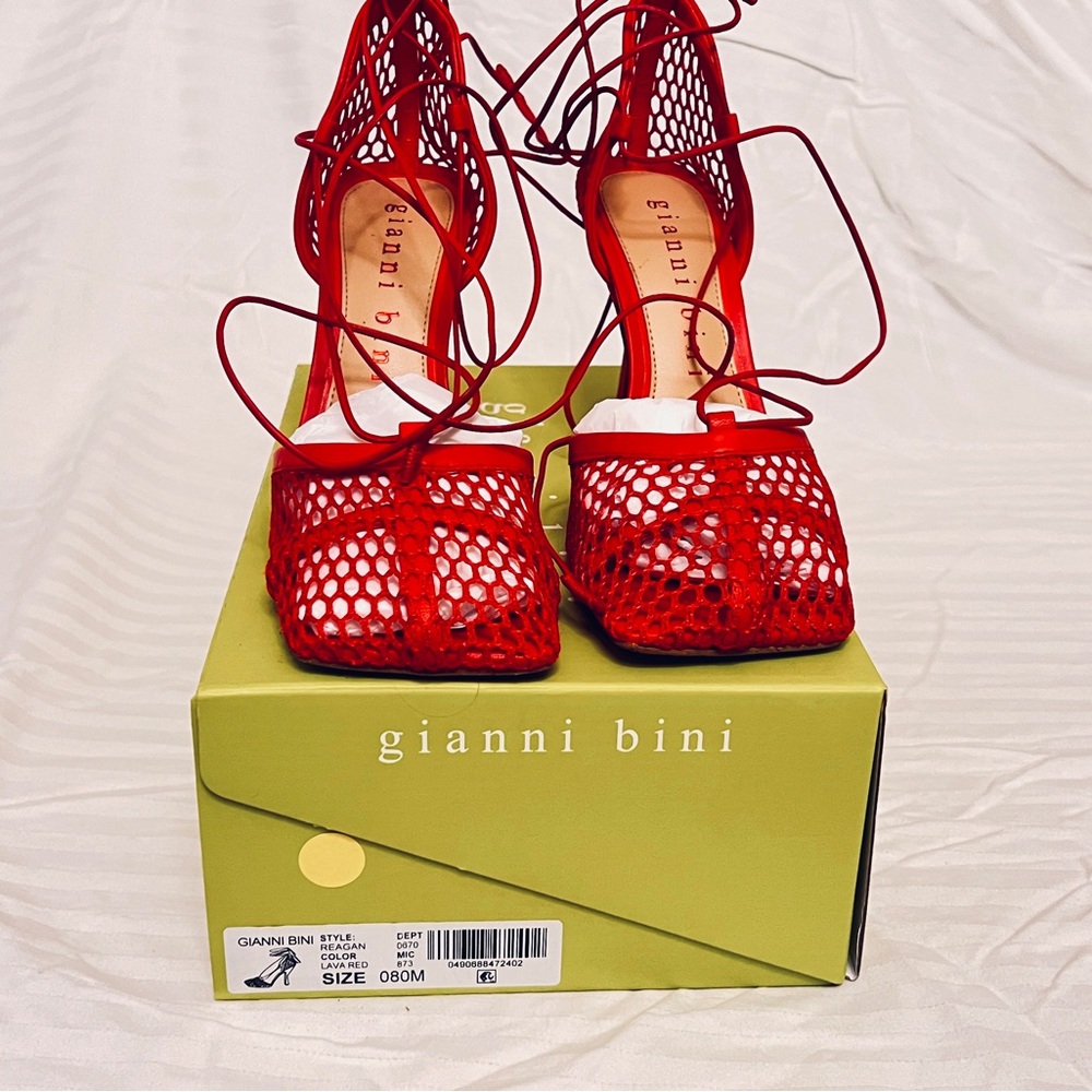 Gianni Bini Red Mesh Lace-Up Square-Toe Heels